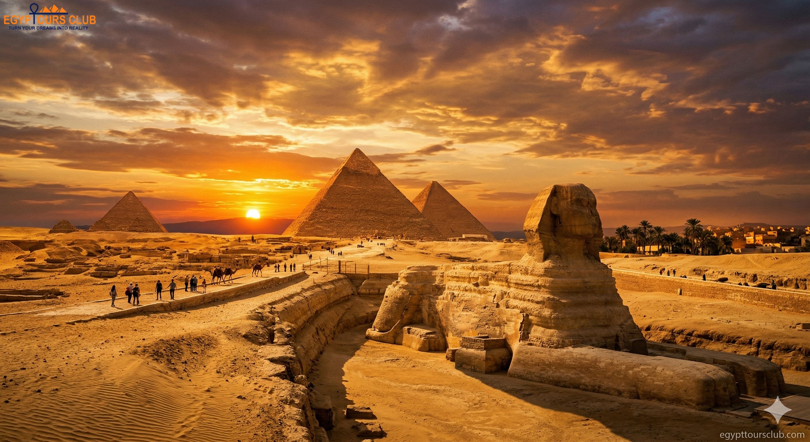 The Great Pyramids and Sphinx of Giza at sunset
